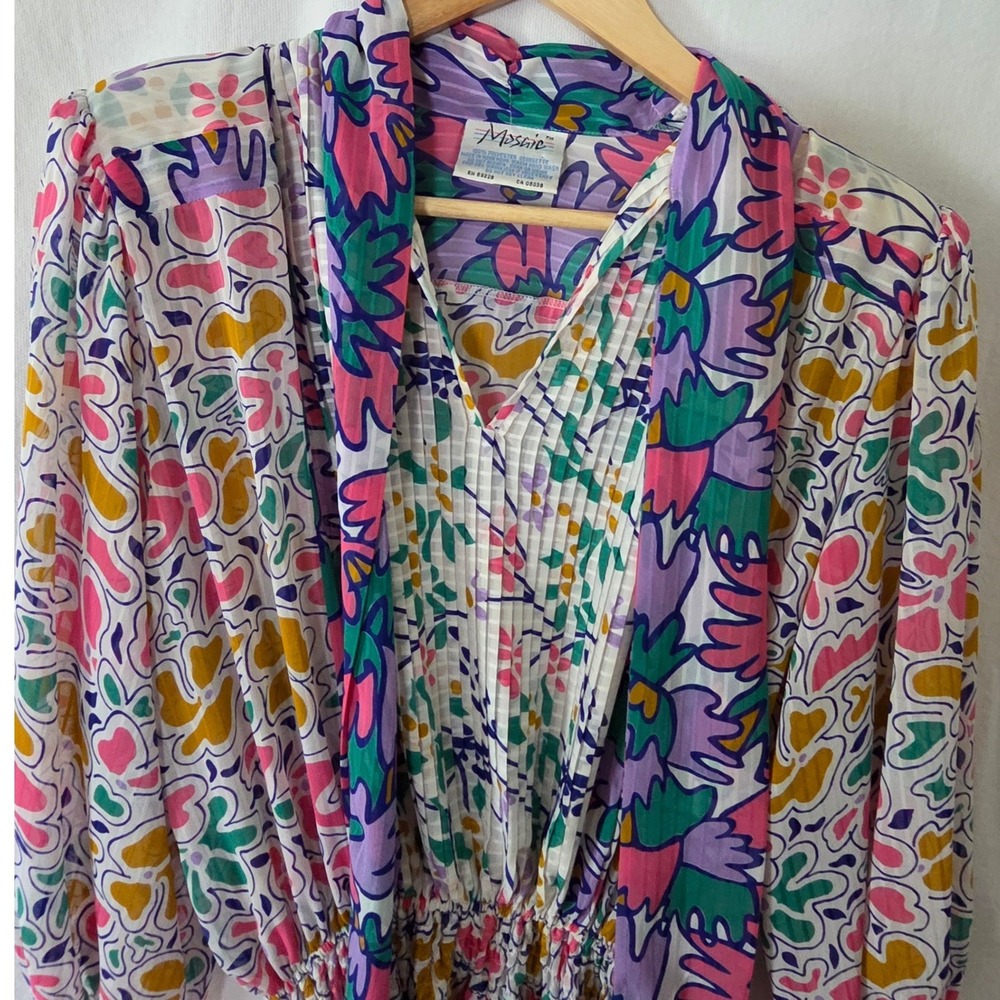 Vintage 80's Mosaic Floral Mixed Print Pleated Sheer Midi Dress Small Vivid Fun - Picture 13 of 14